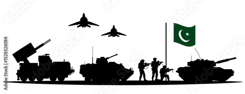Silhouettes of Pakistani army tanks, soldiers, rocket launchers, and jets with Pakistan flag. National defense and regional military power of Pakistan concept. Vector illustration on white background