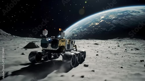 A rover on the moon surface with earth in the background during a starry night sky view scene