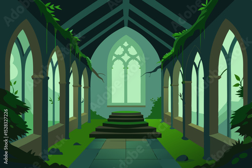 The Serene Interior Of An Abandoned Church Reclaimed By Nature And Growing Vines