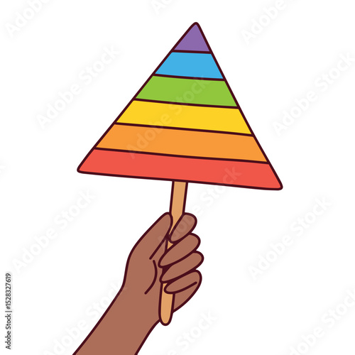 Black dark brown skinned Woman. Black hand holds triangle-shaped rainbow flag upright. Stands for LGBT pride, BIPOC visibility, and inclusive self-expression