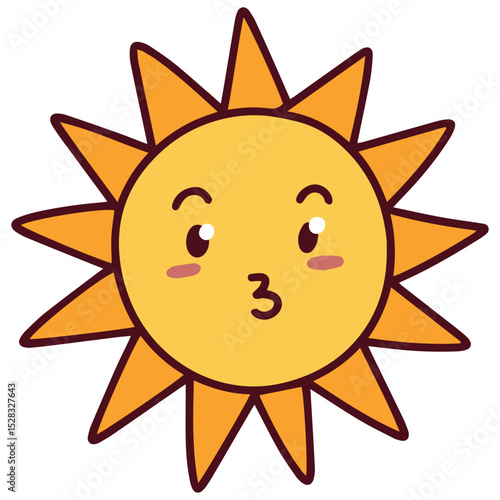 Kissing yellow sun with puckered lips and expressive eyes, rounded sunbeams in playful and emotional style