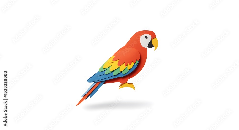 Fototapeta premium Vibrant Scarlet Macaw Paper Craft: A Colorful Bird Illustration Against White Background