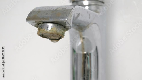 Water is dripping from a damaged faucet. The old faucet was covered with lime scale due to poor water quality and hard water. Useless use of water. Plumbing problems. 4k