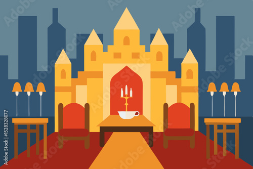 A Medieval Stone Castle Interior With A Grand Dining Hall And Ornate Chandeliers