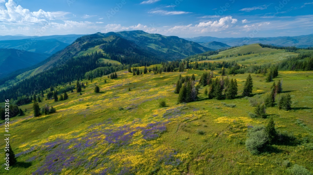 Fototapeta premium Lush green mountainside dotted with wildflowers, trees, and distant peaks under a blue sky with scattered clouds.