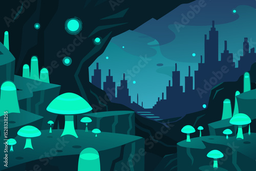 A Vast Underground Metropolis Brightly Lit By Various Bioluminescent Fungi Plants