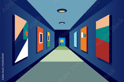 An Art Gallery Hallway With Clean White Walls And Spotlighted Abstract Paintings