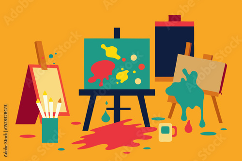 A View Into An Artist's Chaotic Studio With Paint Cans And Unfinished Canvases