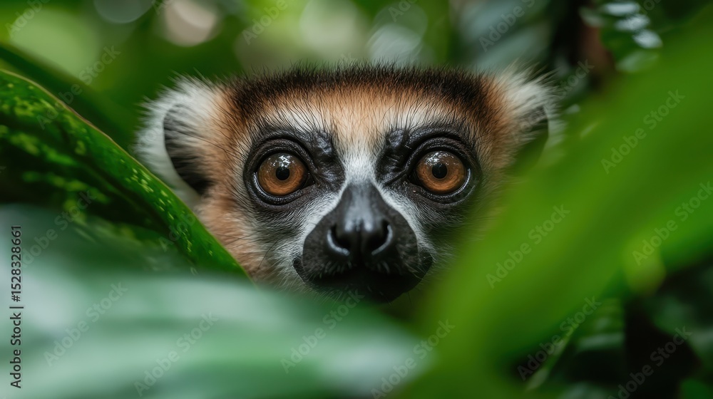 Obraz premium A striking close-up of a lemur's face partially hidden among lush green foliage, capturing the essence of wildlife's beauty and the mystery of nature's hidden gems.