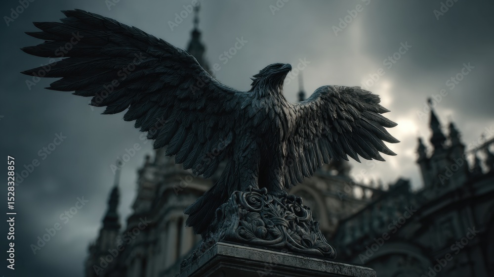 Fototapeta premium A majestic stone eagle statue stands guard against a dramatic cloudy sky.