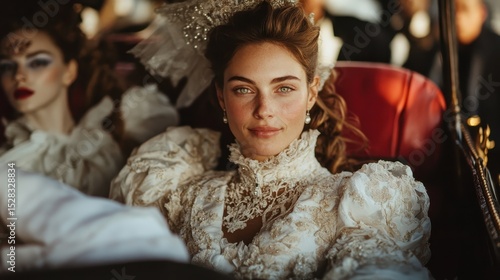 An elegant bride with captivating features relaxes inside a vintage car, adorned in a beautiful lace dress that exudes timeless charm and grace befitting a special occasion.
