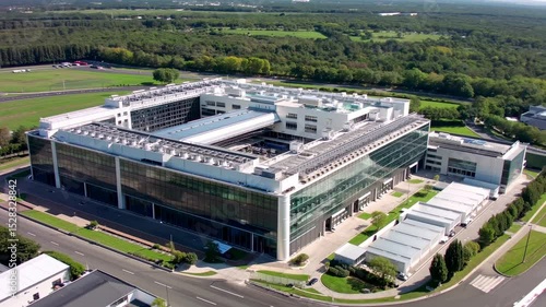 ModernData Center Aerial view of a modern architectural data center. The intricate design of the building's facade and surrounding landscaping creates an atmosphere of serenity and prosperity.