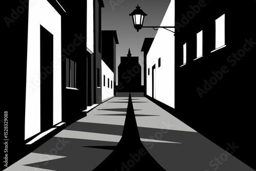 Atmospheric Black And White Noir Alleyway Creating A Tense Mood With Shadows