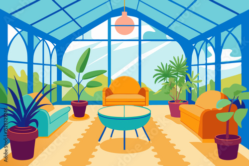 Plant-Filled Sunroom Cartoon Animation Background Vector illustration