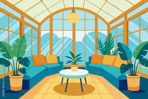 Sunny Sunroom with Plants Cartoon Animation Background Vector illustration