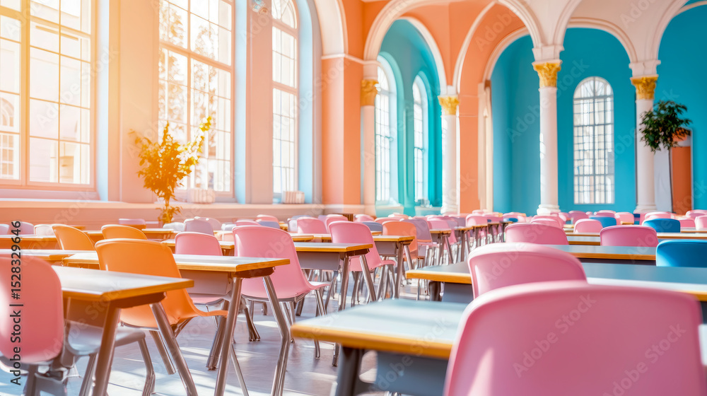 Obraz premium Bright Classroom with Desks and Colorful Chairs