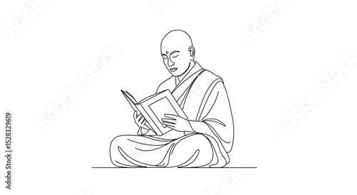 Buddhist monk reading a sacred book in a meditative posture