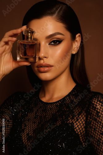 Elegant woman showcasing a perfume bottle with intense gaze, enhancing the allure of beauty products through captivating presentation.