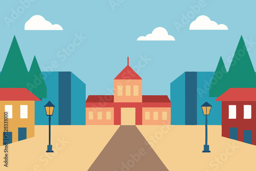 Quiet Town Square Cartoon Animation Background Vector illustration
