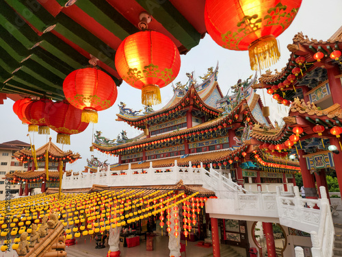 Photography Traditional Chinese temple Thean Hou with elements of Buddhism, Confucianism, Taoism, decorated with red Chinese lanterns and beautiful carvings