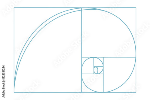 Light Blue Fibonacci Sequence Spiral on White Background for Design and Mathematics Concepts and Applications in Nature and Art