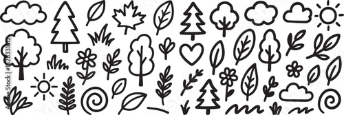 Hand-Drawn Nature Doodle Collection: Trees, Leaves, Flowers, Clouds, Sun, and Plant Elements – Black & White Sketch Designs for Creative Illustration, Decorative Art, Backgrounds, and Graphic Project