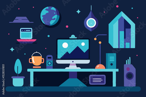 High-Tech Nomad Workspace Cartoon Animation Background Vector illustration