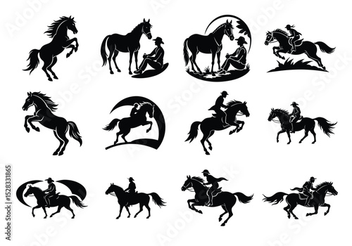 Black silhouette of a horse and rider jumping isolated on   white background