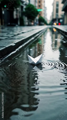 Paper Boat Floating in Rainy Street Gutter with Splashing Raindrops