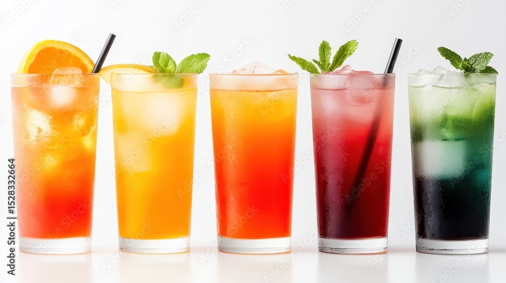 Fototapeta premium A vibrant display of refreshing summer drinks in various colors garnished with fruits and mint, capturing the essence of fun and relaxation during hot weather.