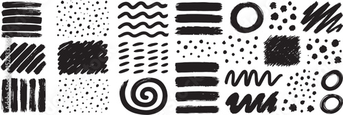 Hand-Drawn Brushstroke Collection: 20 Unique Black Ink Textures Including Lines, Waves, Dots, Spirals, and Abstract Patterns – Versatile Artistic Elements for Graphic Design, Illustration