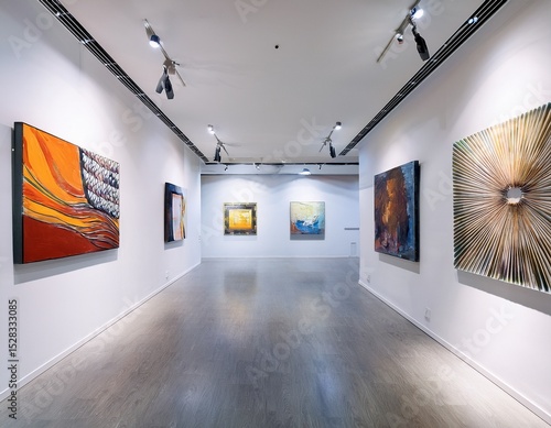 a modern art museum with abstract paintings on white walls