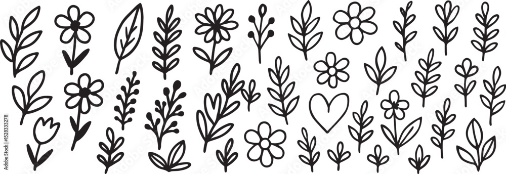 Hand-Drawn Floral Line Art: Elegant Black and White Botanical Illustrations Featuring Flowers, Leaves, and Stems for Creative Design, Patterns, Decorations, and Artistic Graphic Elements Hand-Drawn Floral Line Art: Elegant Black and White Botanical Illustrations Featuring Flowers, Leaves, and Stems for Creative Design, Patterns, Decorations, and Artistic Graphic Elements