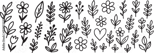 Hand-Drawn Floral Line Art: Elegant Black and White Botanical Illustrations Featuring Flowers, Leaves, and Stems for Creative Design, Patterns, Decorations, and Artistic Graphic Elements
