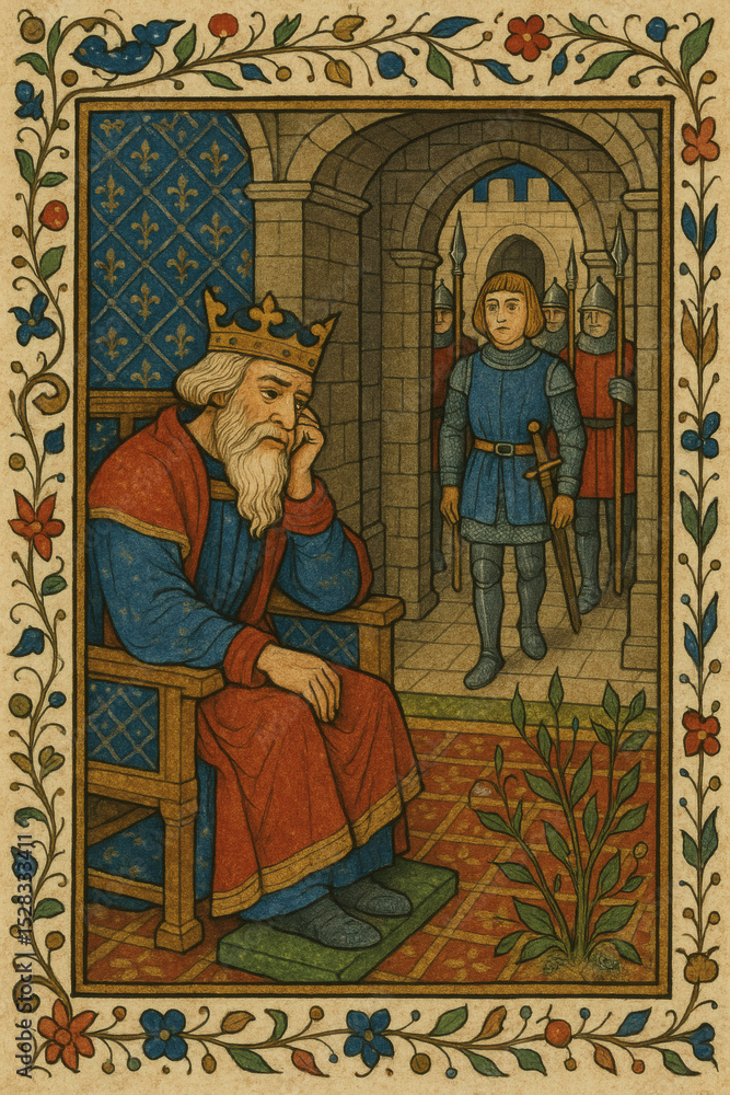 Fototapeta premium A king sits with a pensive expression as guards and a young nobleman approach through an archway, painted in a medieval style.