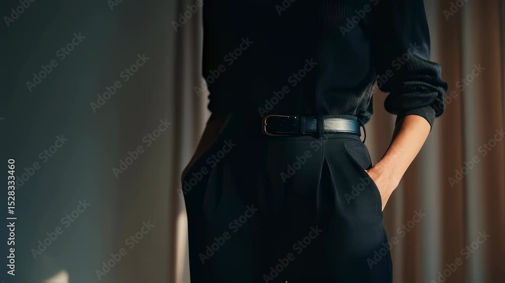 Fashionable woman showcasing black trousers and a belt, standing with her hands casually placed in her pockets, creating a stylish and confident look Fashionable woman showcasing black trousers and a belt, standing with her hands casually placed in her pockets, creating a stylish and confident look