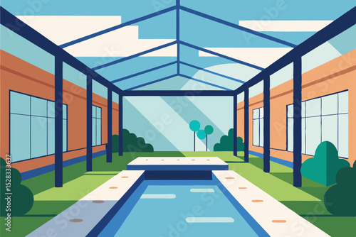 Indoor Courtyard Garden Cartoon Animation Background Vector illustration