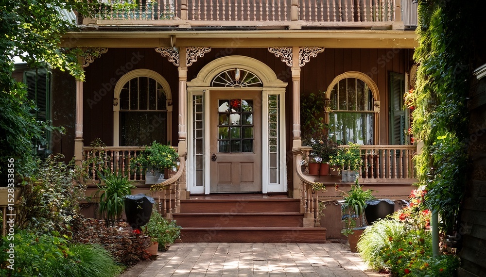 Naklejka premium charming victorian porch with intricate woodwork and lush greenery