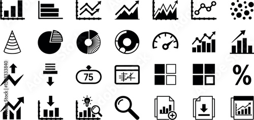 Analytics dashboard glyph icon set. Vector pictograms of percent, growth graph, decline, trend, arrow, filter, segmentation, magnify, analysis, document, black sign silhouette illustration