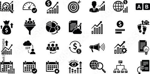 Analytics reporting glyph icon set. Vector pictograms of speedometer, checkmark, sales, document, dollar, chart, bullseye, money bag, interpretation, lightbulb, black sign silhouette 