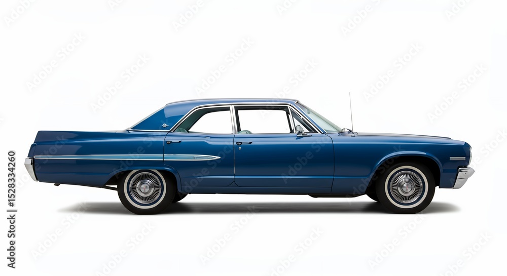 Fototapeta premium Generative AI side view blue classic american car on white background