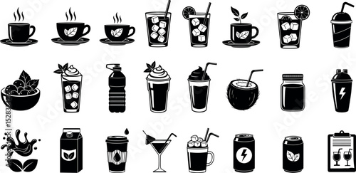 Beverages and smoothies glyph icon set. Vector pictograms of protein, shake, detox, kombucha, sparkling water bottle, takeaway, almond milk, black sign 