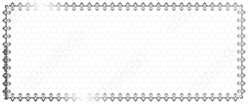 Formal white rectangular frame with ornate dark gray fleur-de-lis border. Set on a subtle light gray hexagonal grid background. Neutral palette, clean geometric design, symmetrical flat perspective.