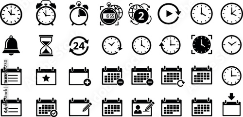 Calendar and time glyph icon set. Vector pictograms of stopwatch, hourglass, reschedule, availability, bell, appointment, planner, add, checkmark, black sign