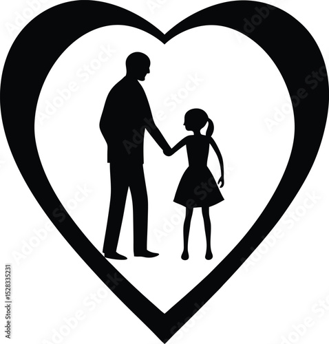 Silhouette of father and daughter holding hands within a heart.

