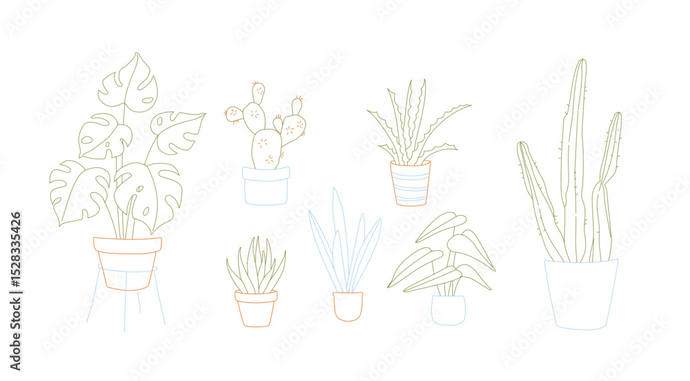 Doodle of Houseplants in Pots Line Art Monstera, Cactus, Aloe Doodle of Houseplants in Pots Line Art Monstera, Cactus, Aloe