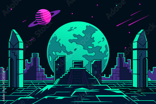 Futuristic Ruins Cartoon Animation Background Vector illustration