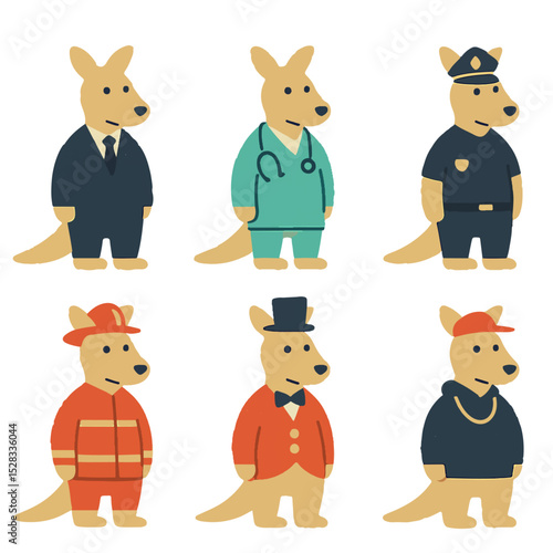 kangaroo set in suits business, doctor, policeman, fireman, circus performer, rapper animal vector on white background
Vector set vector animal in suit on white background