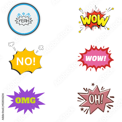 Comic speech bubble icon set___Expressions Yeah,wow,omg,Oh,No stickers, isolated on white background.