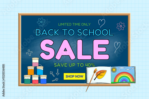 Back to school sale banner with chalkboard, paints, brush, and coloring book. Creative school supplies seasonal promotion on graph background. For shopping advertisement, and marketing material.